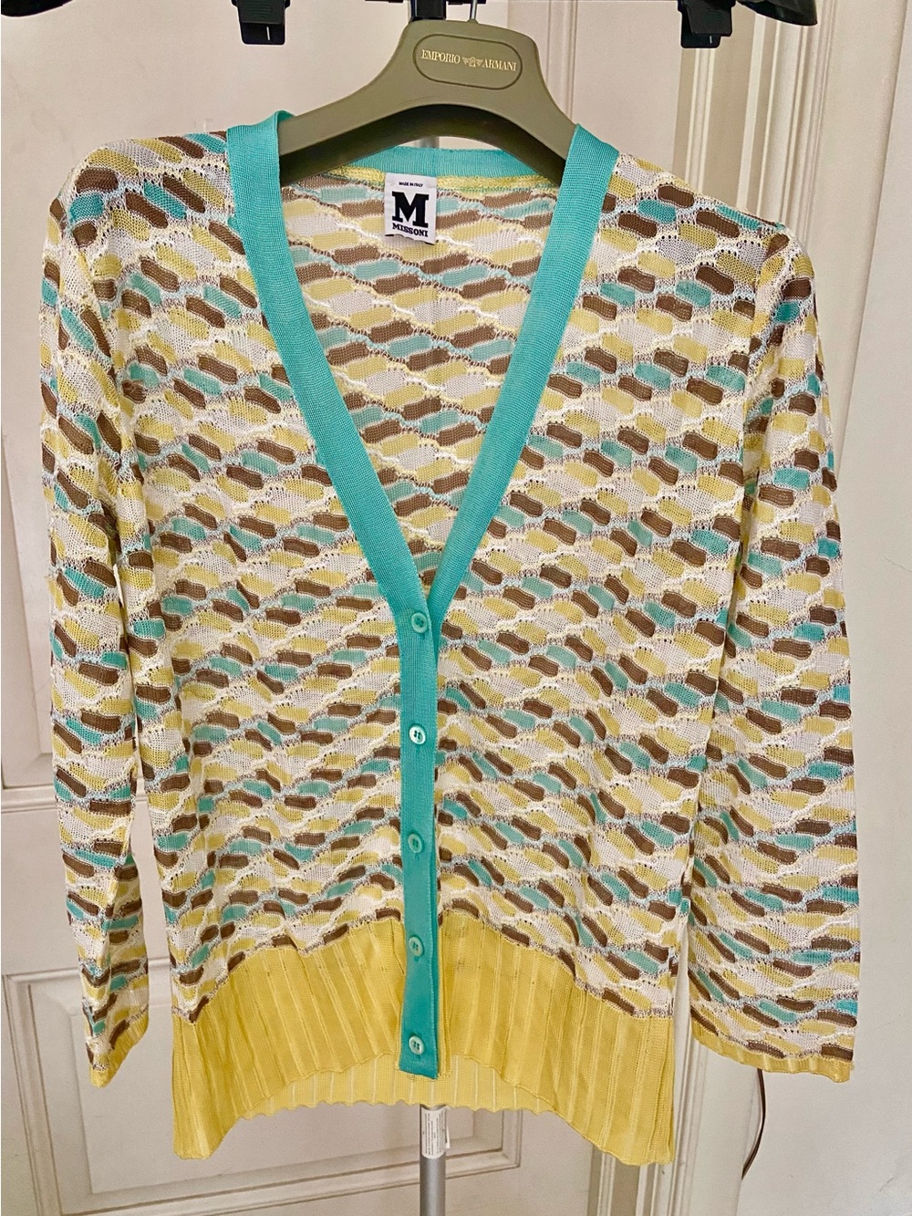 Missoni V-Neck knit Cardigan with Turquoise Trim and Yellow Hem size 8 (IT 44)